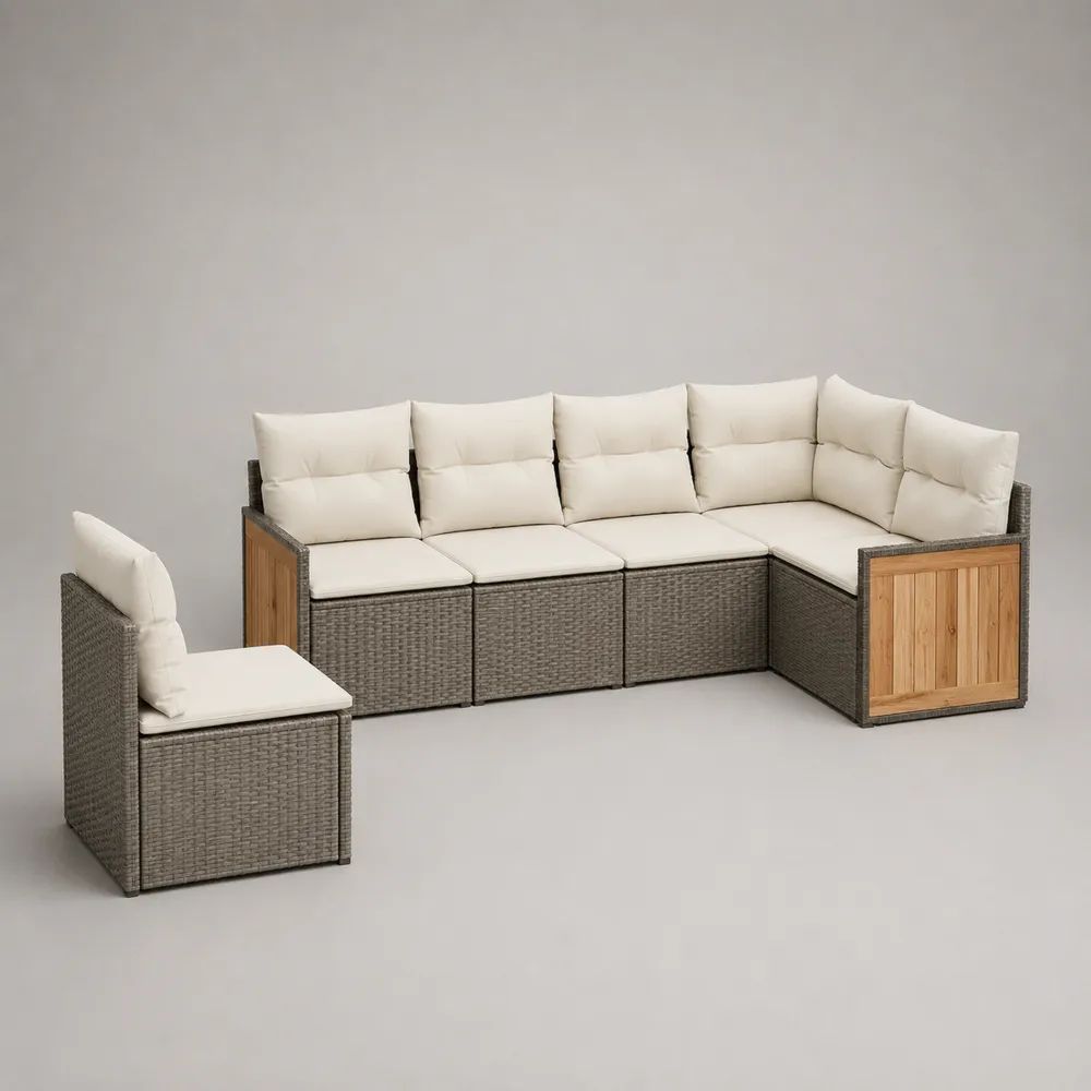 Salon de jardin modulable en L 5 places en résine tressée, acier et bois, gris, beige et brun naturel, 205 × 135 × 76 cm