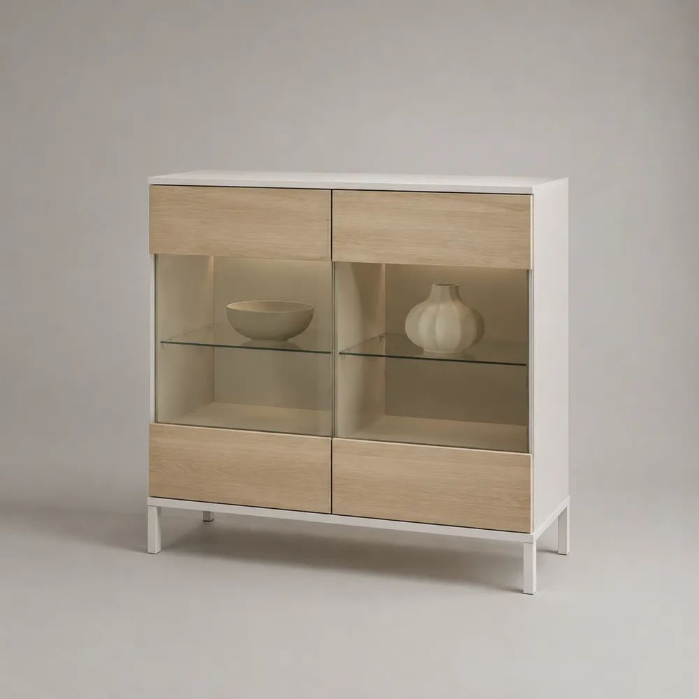 Buffet-vitrine rectangulaire en MDF mélaminé et verre trempé, blanc et chêne clair, 100 × 35 × 115 cm