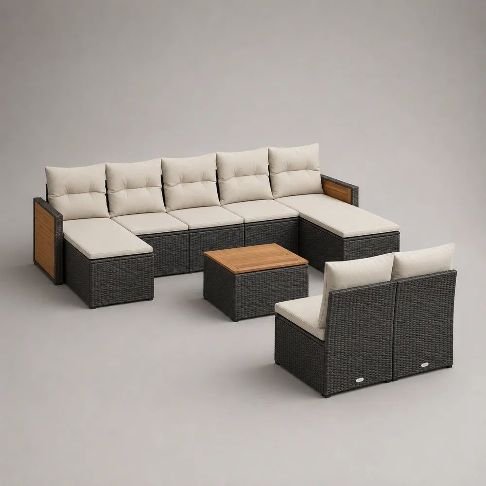 Salon de jardin extérieur 8 pièces 7 places en résine tressée PE, acier et bois, avec coussins beiges et table carrée, anthracite, 320 × 145 × 74 cm