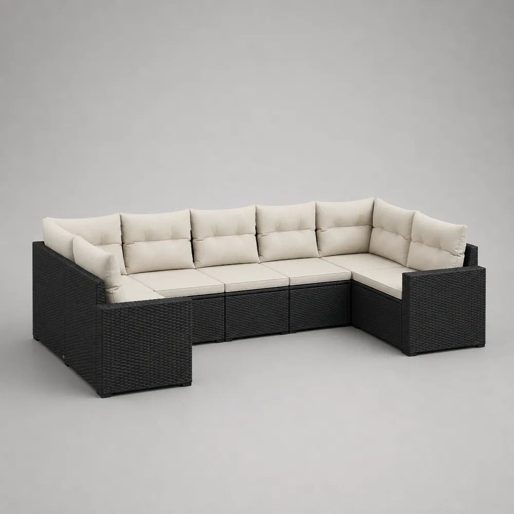 Canapé de jardin modulable 6 places en U en résine tressée PE noir et beige clair, 280 x 205 x 70 cm