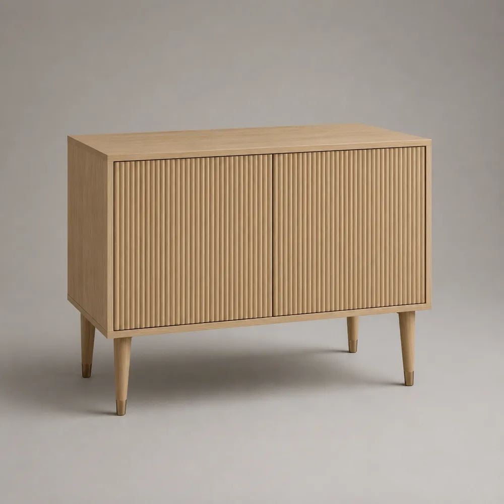 Buffet rectangulaire 2 portes en bois et MDF plaqué chêne, façade rainurée, chêne naturel et laiton, 100 × 40 × 80 cm