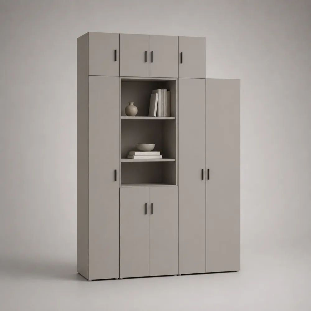 Buffet haut 9 portes en panneaux de particules grège et métal noir avec 3 niches ouvertes, 120 x 40 x 190 cm