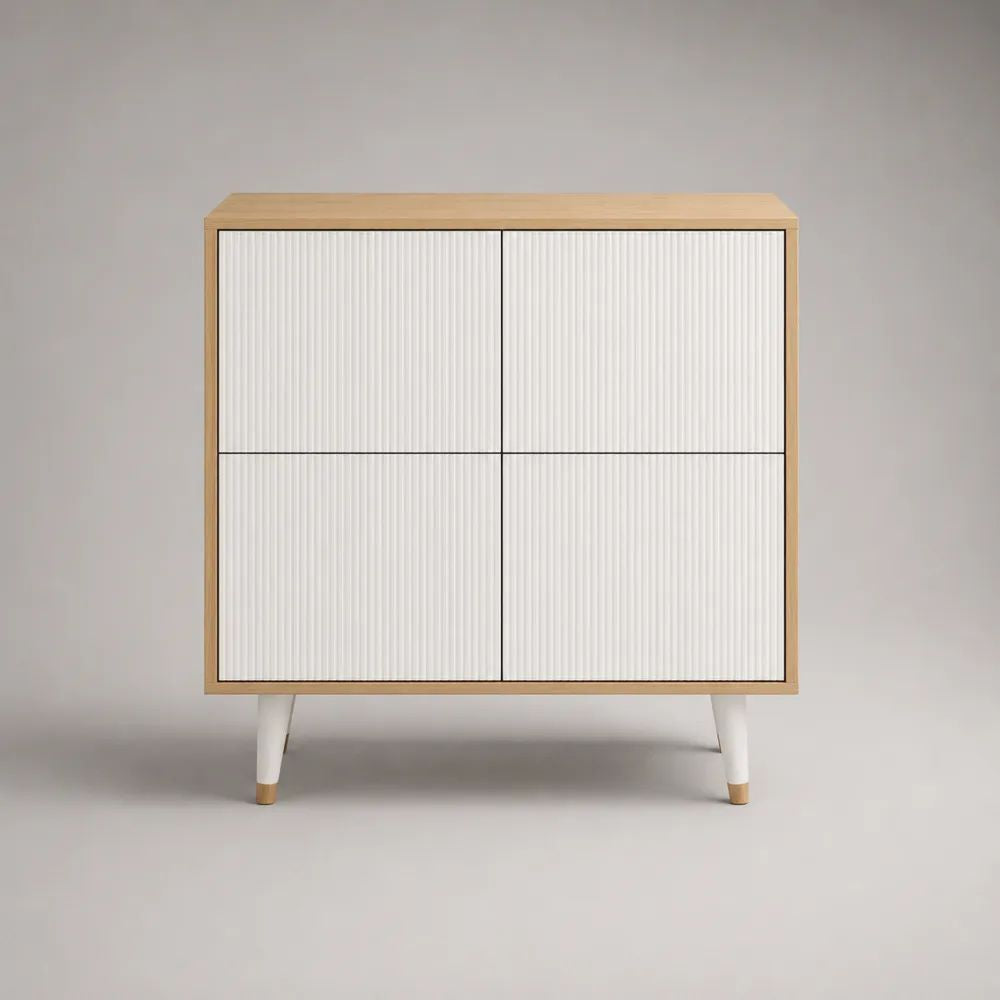 Buffet rectangulaire à 4 portes en MDF rainuré et panneau de particules, chêne clair et blanc, 80 × 40 × 86 cm