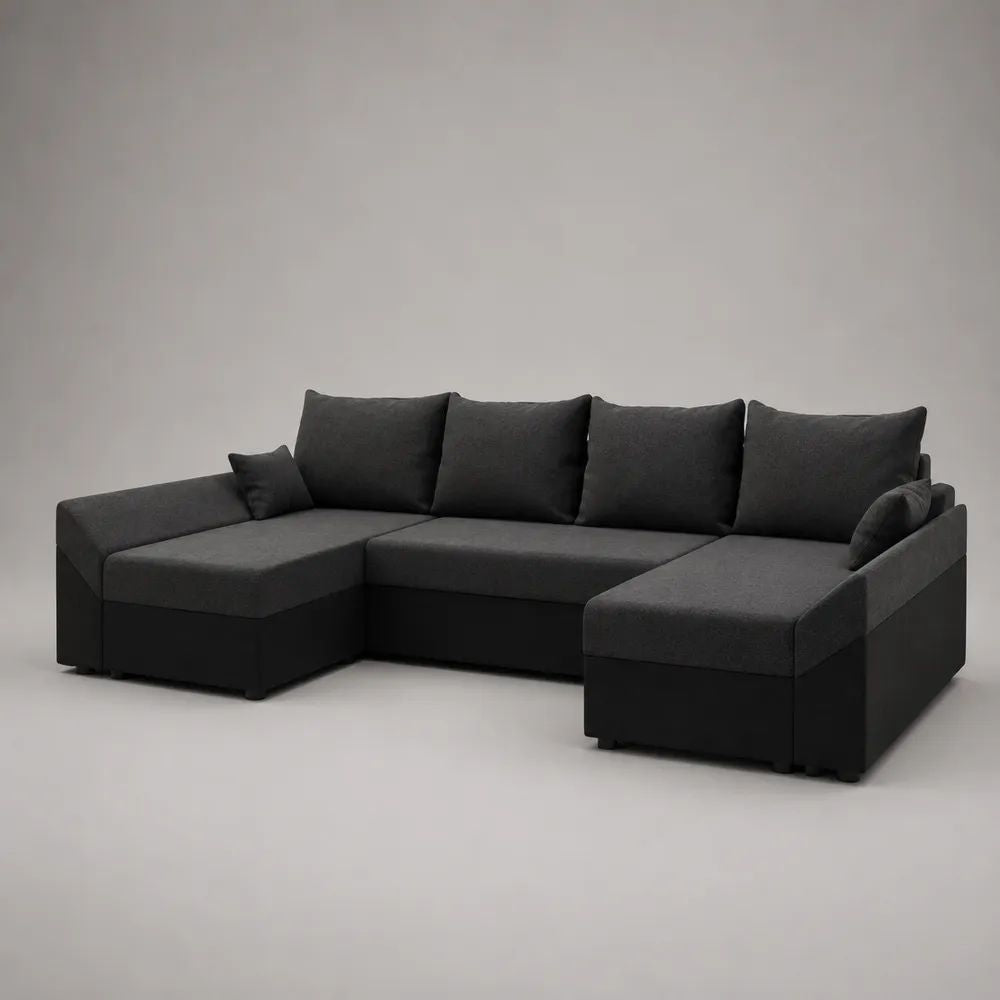 Canapé panoramique en U 6 places en tissu gris anthracite et noir, 300 × 160 × 85 cm
