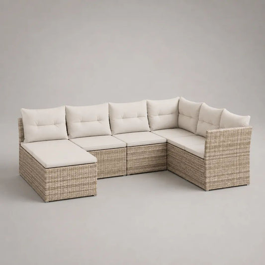 Canapé de jardin modulable 5 places en résine tressée beige avec coussins écrus, forme en U, 286 x 190 x 73 cm