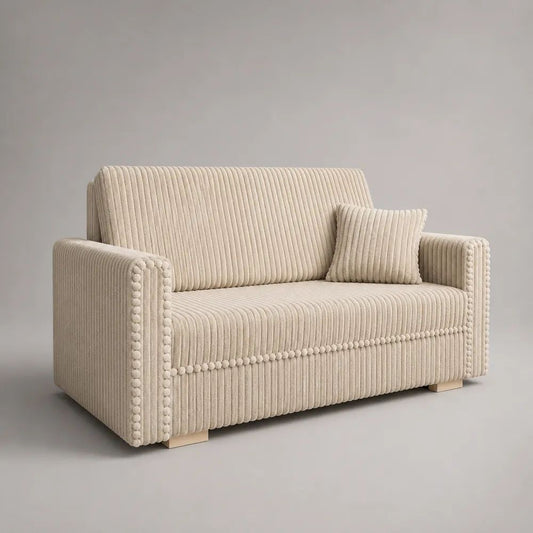 Canapé 2 places en velours côtelé polyester beige crème avec coussin et pieds en bois beige naturel, 150 x 80 x 85 cm