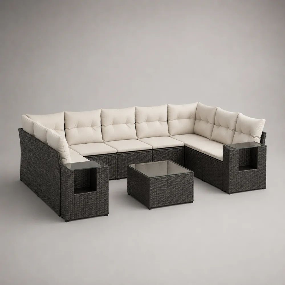 Salon de jardin en U 6 places avec table basse, résine tressée anthracite et coussins écrus, 285 × 220 × 75 cm