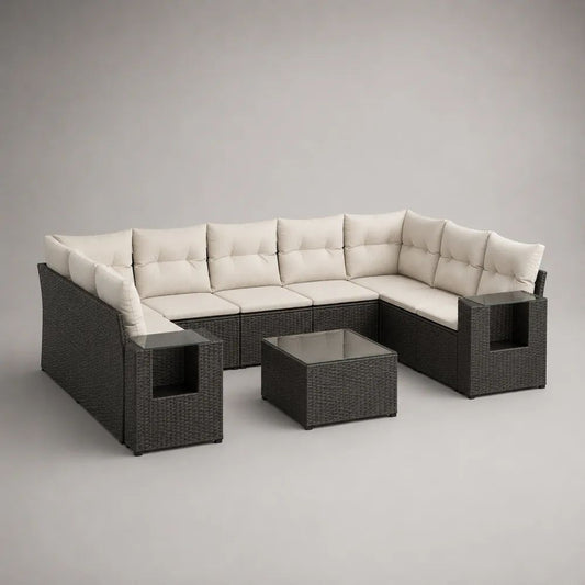 Salon de jardin en U 6 places avec table basse, résine tressée anthracite et coussins écrus, 285 × 220 × 75 cm