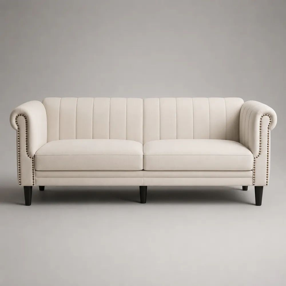 Canapé droit 3 places en velours de polyester crème, dossier à canaux verticaux, 200 × 82 × 80 cm