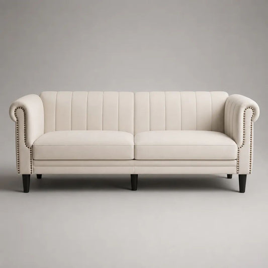 Canapé droit 3 places en velours de polyester crème, dossier à canaux verticaux, 200 × 82 × 80 cm