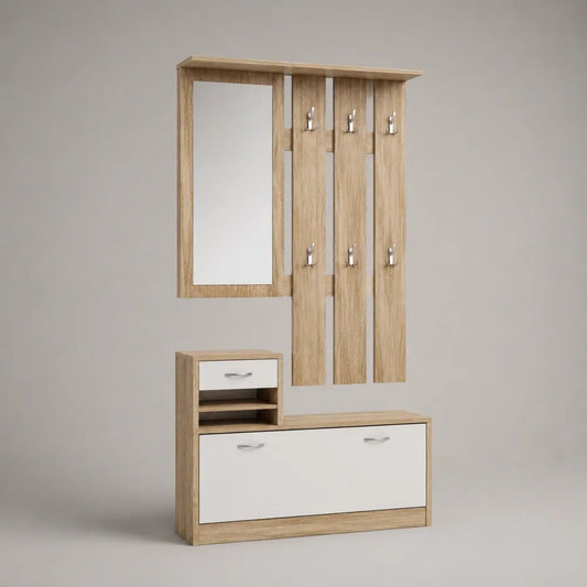 Ensemble meuble d’entrée en panneau de particules avec meuble à chaussures, miroir et 6 patères, chêne clair et blanc, 120 × 32 × 190 cm