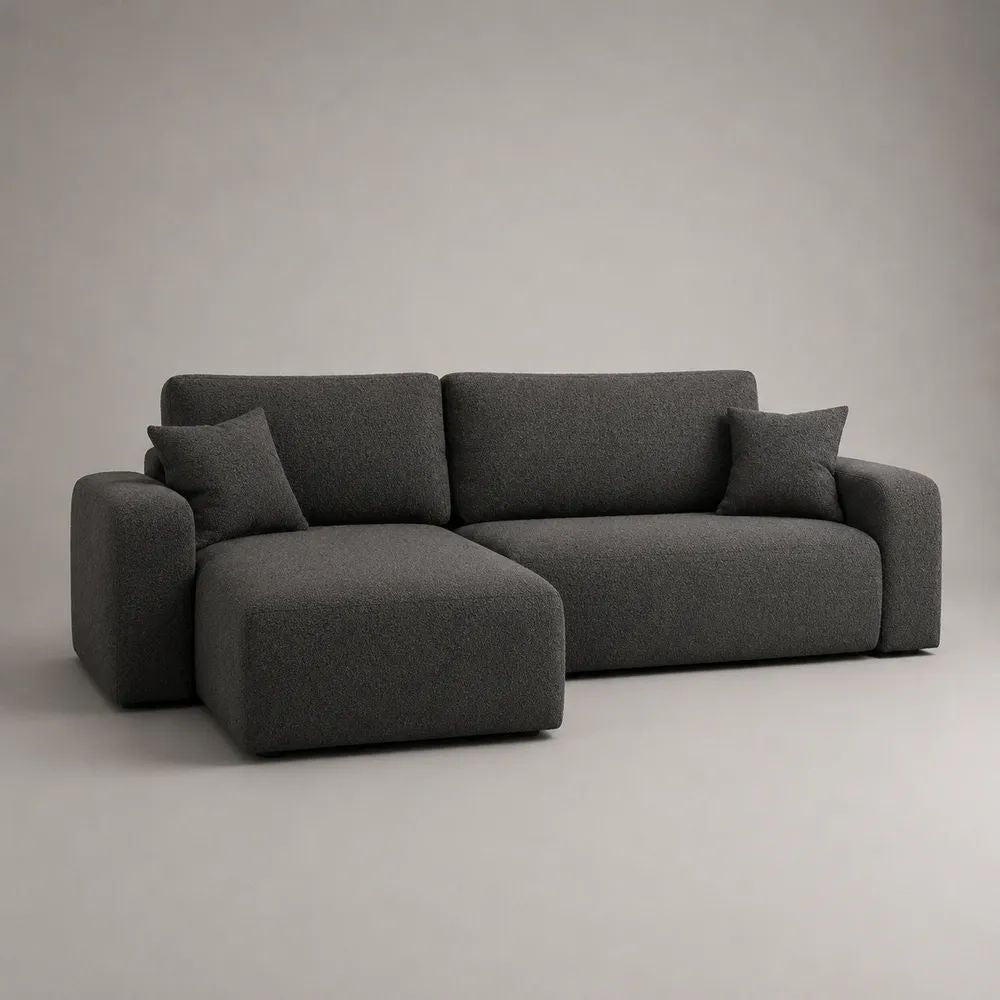 Canapé d’angle gauche 3 places en tissu bouclé gris anthracite, 250 × 160 × 85 cm