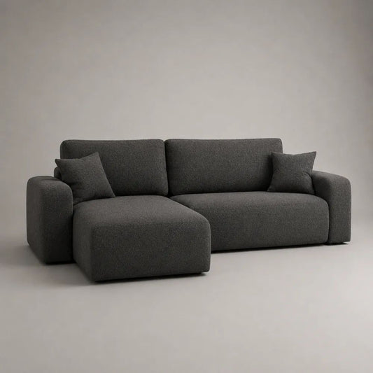 Canapé d’angle gauche 3 places en tissu bouclé gris anthracite, 250 × 160 × 85 cm