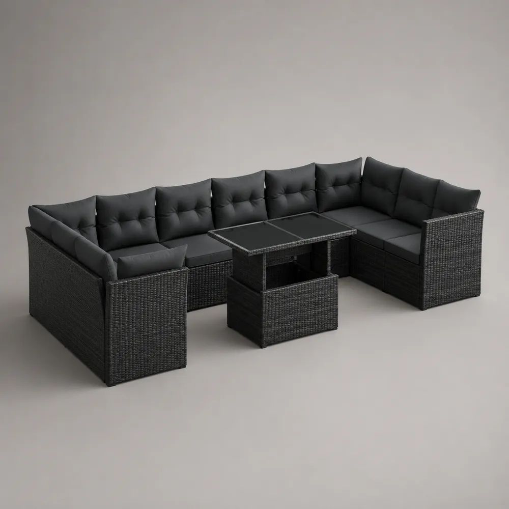 Salon de jardin extérieur en U 9 places avec table, résine tressée et acier, noir et gris anthracite, 247 x 190 x 74 cm