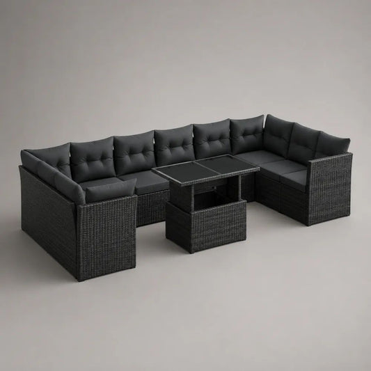 Salon de jardin extérieur en U 9 places avec table, résine tressée et acier, noir et gris anthracite, 247 x 190 x 74 cm