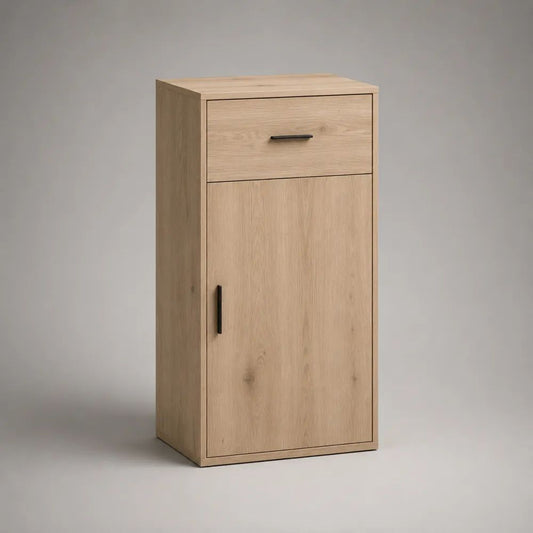 Meuble de rangement étroit en panneaux de particules avec 1 tiroir et 1 porte, chêne clair et noir, 45 × 35 × 100 cm