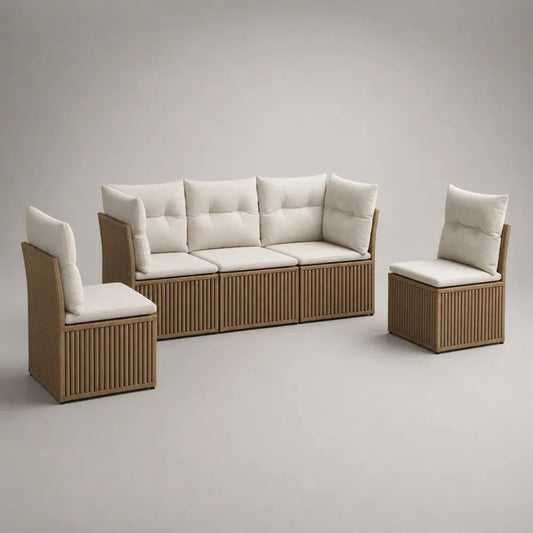 Salon de jardin extérieur modulable 5 places en bois et tissu, marron et écru, 330 × 70 × 82 cm