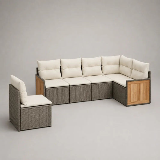 Salon de jardin modulable en L 5 places en résine tressée, acier et bois, gris, beige et brun naturel, 205 × 135 × 76 cm