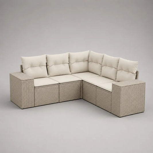 Canapé d’angle de jardin modulaire 5 places en résine tressée beige avec coussins écrus, 205 x 205 x 65 cm