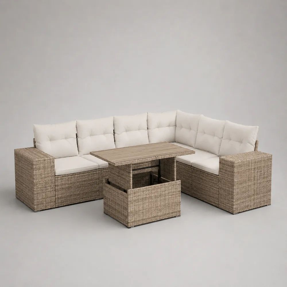 Salon de jardin d’angle 5 places, ensemble 4 pièces en résine tressée taupe avec coussins blanc cassé et table relevable, 240 × 240 × 75 cm