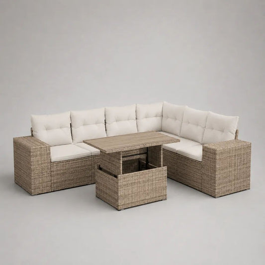 Salon de jardin d’angle 5 places, ensemble 4 pièces en résine tressée taupe avec coussins blanc cassé et table relevable, 240 × 240 × 75 cm