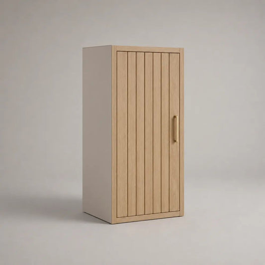 Meuble de rangement intérieur 1 porte en MDF et panneaux mélaminés, chêne clair, blanc cassé et finition laiton, 60 x 40 x 140 cm