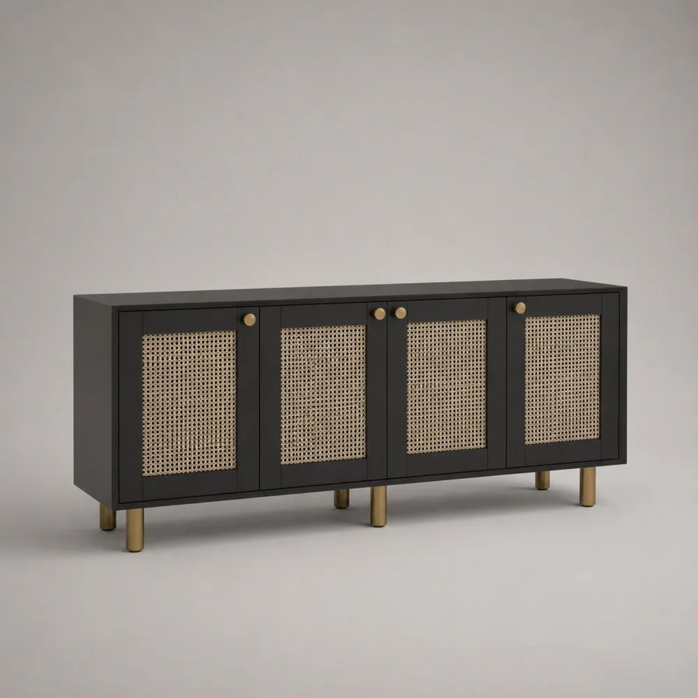 Buffet rectangulaire 4 portes en bois et cannage, noir et naturel, 160 × 40 × 80 cm