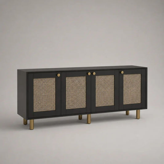 Buffet rectangulaire 4 portes en bois et cannage, noir et naturel, 160 × 40 × 80 cm