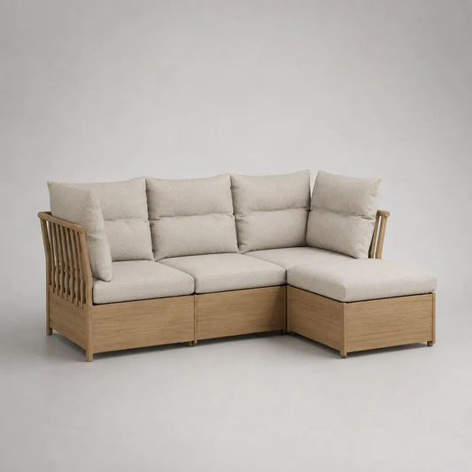 Canapé de jardin d’angle 3 places avec méridienne droite, ensemble modulable en bois et tissu beige, 218 x 148 x 82 cm