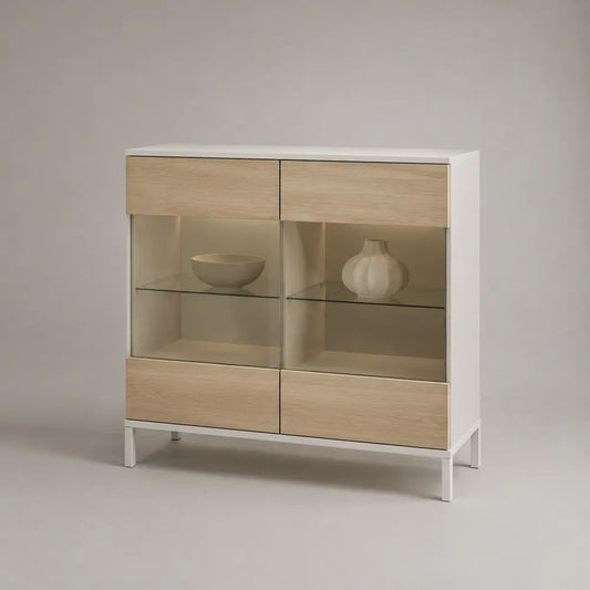 Buffet-vitrine rectangulaire en MDF mélaminé et verre trempé, blanc et chêne clair, 100 × 35 × 115 cm