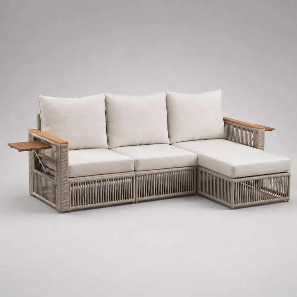 Canapé de jardin d’angle modulable 3 places en résine tressée, acier et bois avec méridienne droite, taupe, beige clair et marron naturel, 219 × 146 × 83 cm