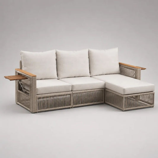 Canapé de jardin d’angle modulable 3 places en résine tressée, acier et bois avec méridienne droite, taupe, beige clair et marron naturel, 219 × 146 × 83 cm