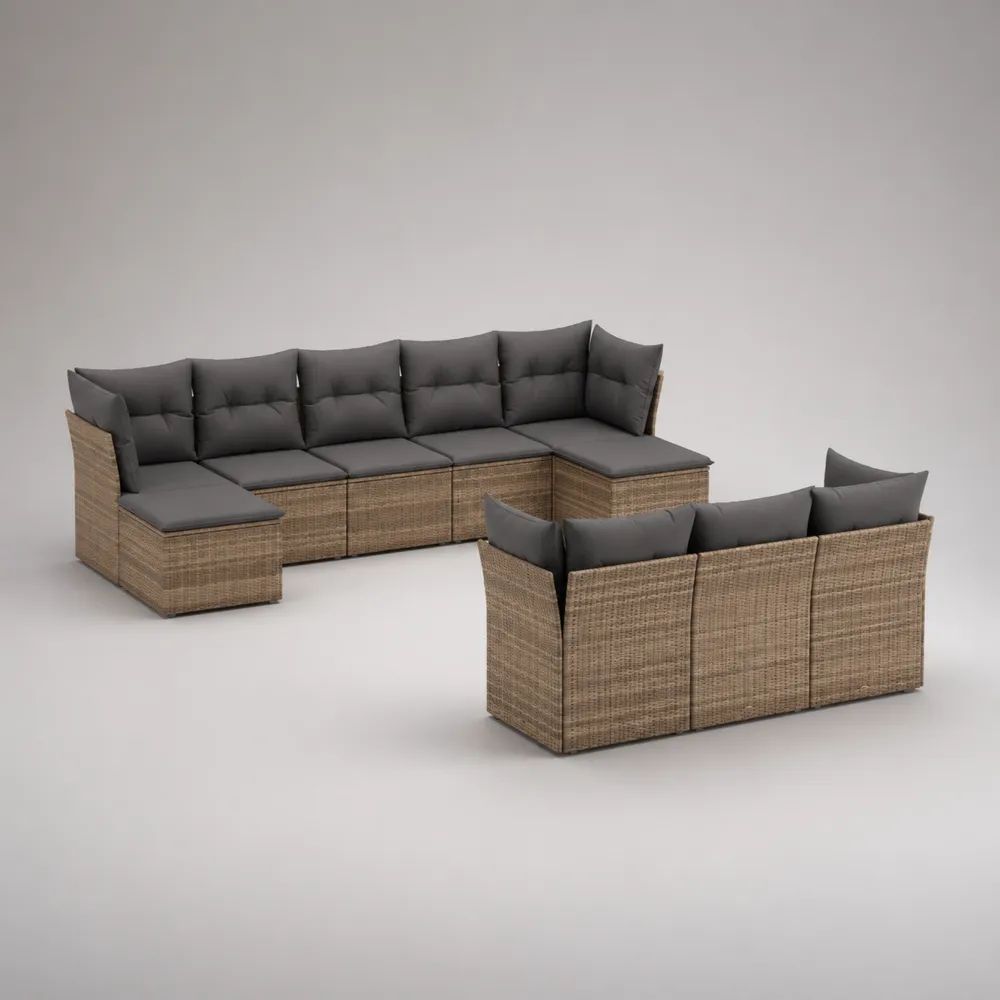 Salon de jardin modulable 8 places en résine tressée taupe et tissu gris anthracite, 345 x 150 x 68 cm