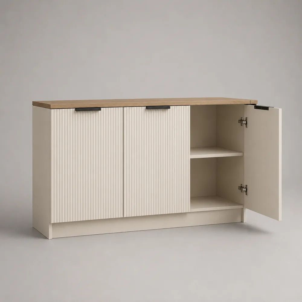 Buffet de rangement rectangulaire à 3 portes en MDF et panneaux de particules, blanc cassé et chêne naturel, 120 × 40 × 80 cm