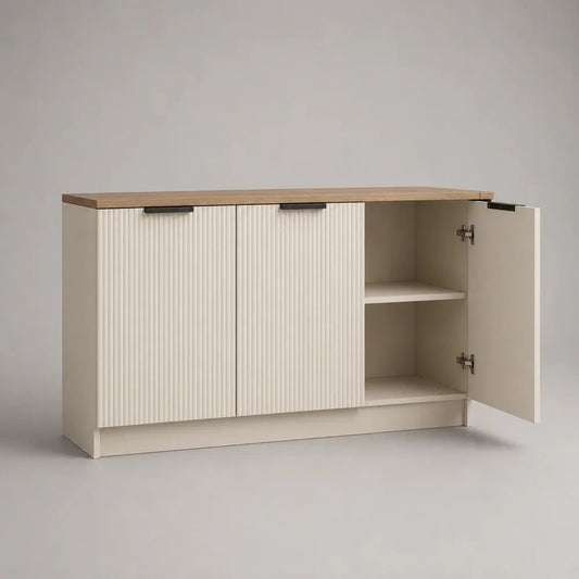 Buffet de rangement rectangulaire à 3 portes en MDF et panneaux de particules, blanc cassé et chêne naturel, 120 × 40 × 80 cm