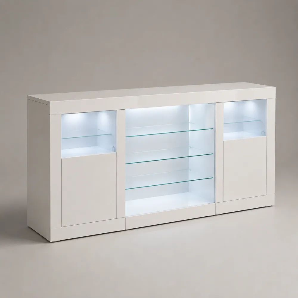 Buffet vitrine LED blanc en MDF et verre, 4 portes et 5 étagères, 160 × 35 × 90 cm