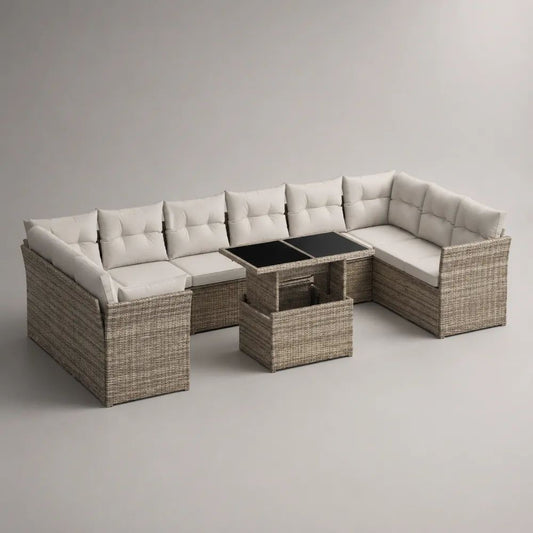 Salon de jardin extérieur 10 places, ensemble 7 pièces en résine tressée beige avec canapé d’angle, table et 3 tabourets, coussins crème, 250 × 190 × 75 cm