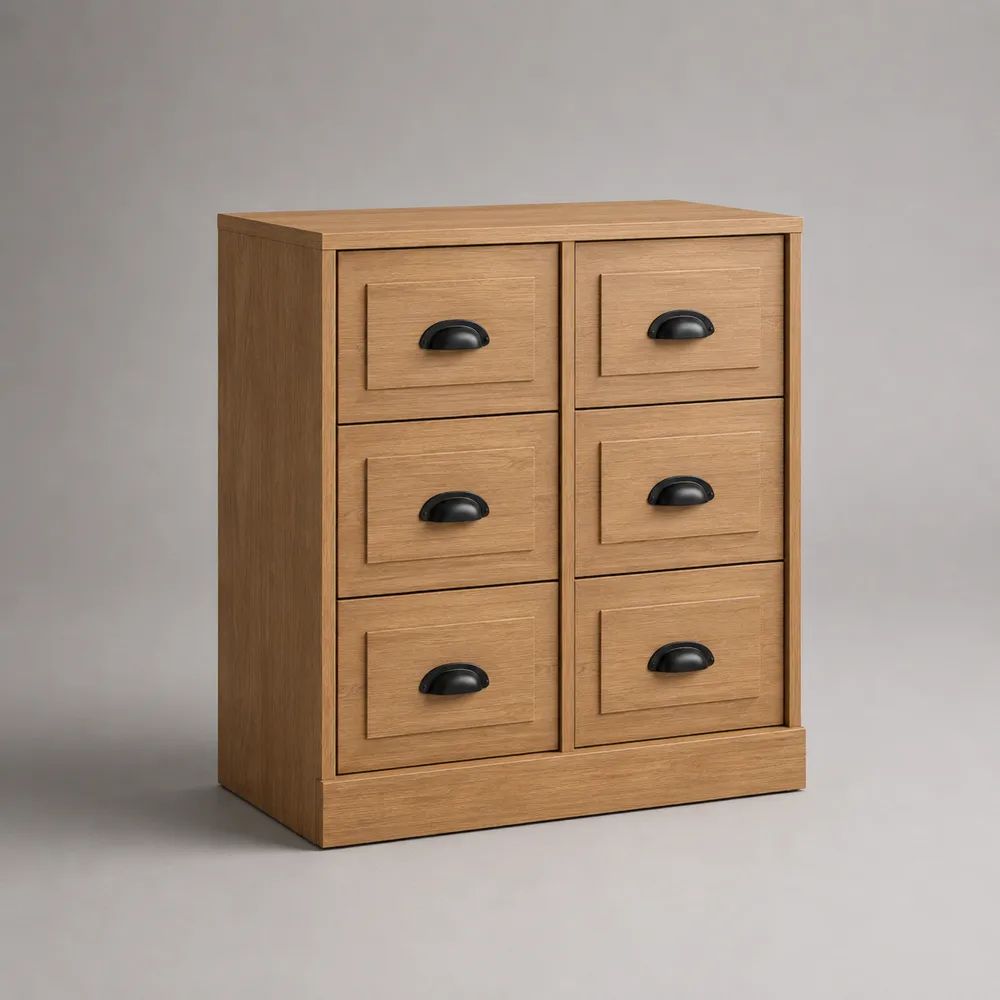 Buffet de rangement rectangulaire à 6 tiroirs en MDF effet chêne clair avec poignées en acier noir, 80 × 40 × 100 cm