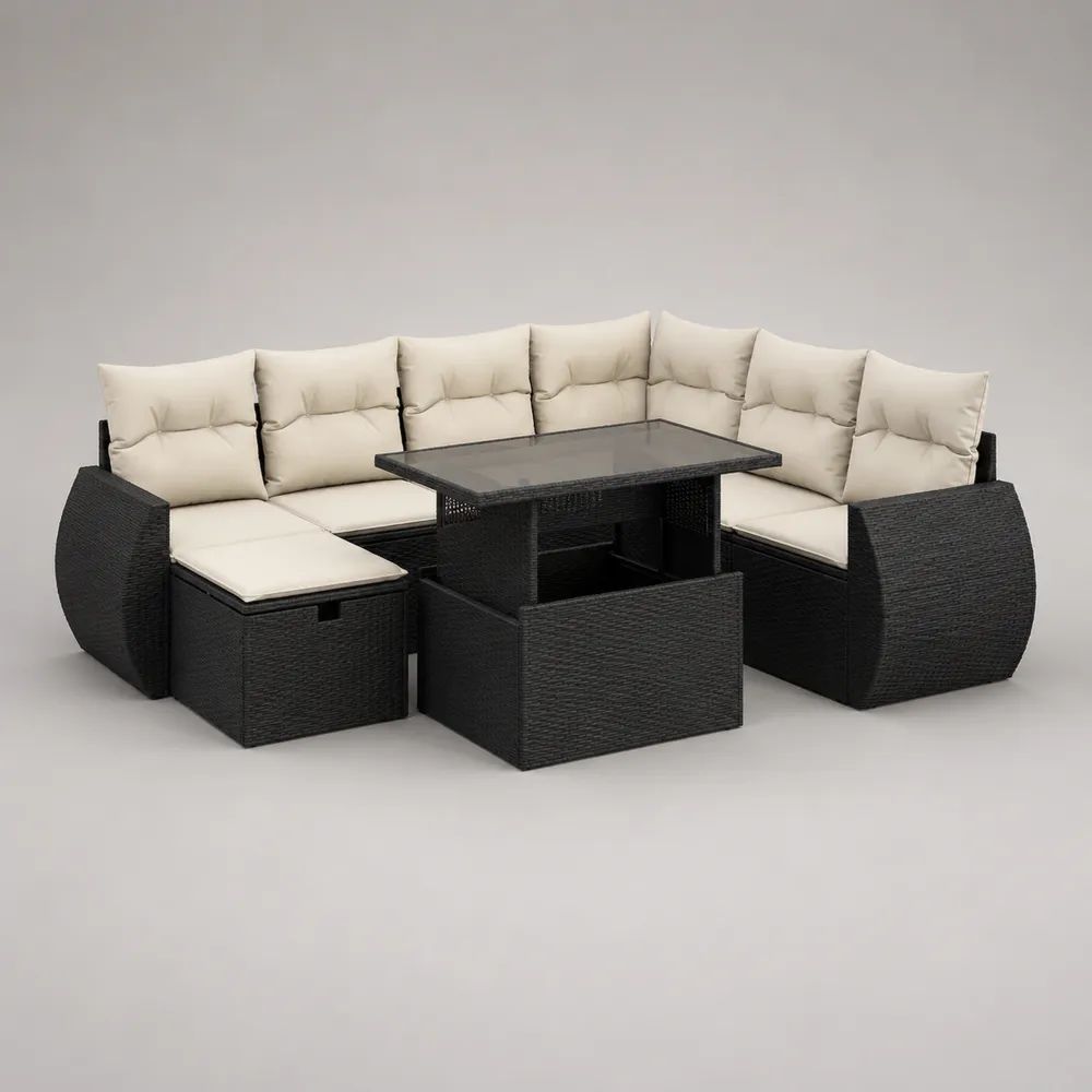 Salon de jardin d’angle extérieur 10 places en résine tressée avec table et 3 tabourets, noir, crème et gris fumé, 260 x 260 x 78 cm