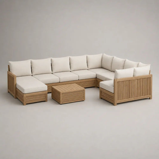 Salon de jardin extérieur modulable 8 pièces, 7 places, en bois massif avec coussins en tissu écru et table basse, 320 × 245 × 75 cm
