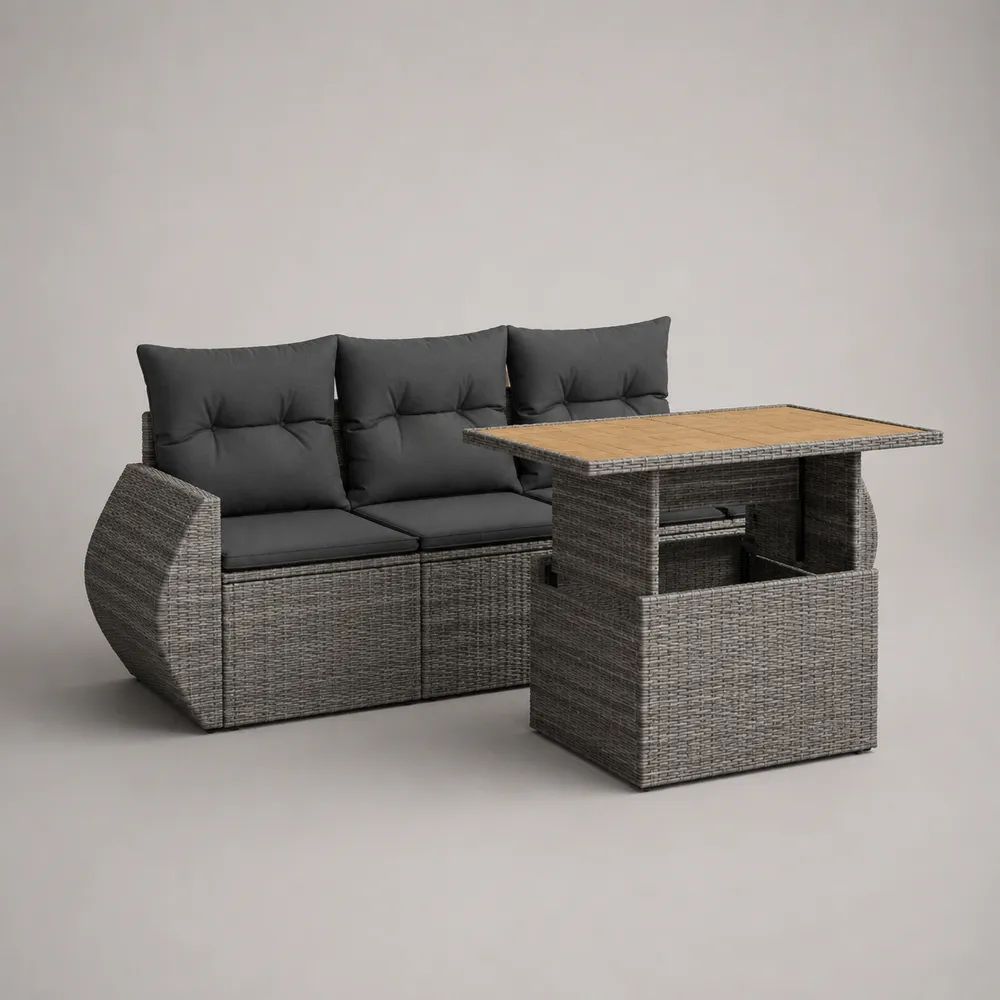 Salon de jardin extérieur 4 pièces en résine tressée gris, canapé 3 places 184 × 72 × 83 cm, table relevable 120 × 70 × 48–68 cm et 2 tabourets 44 × 44 × 36 cm