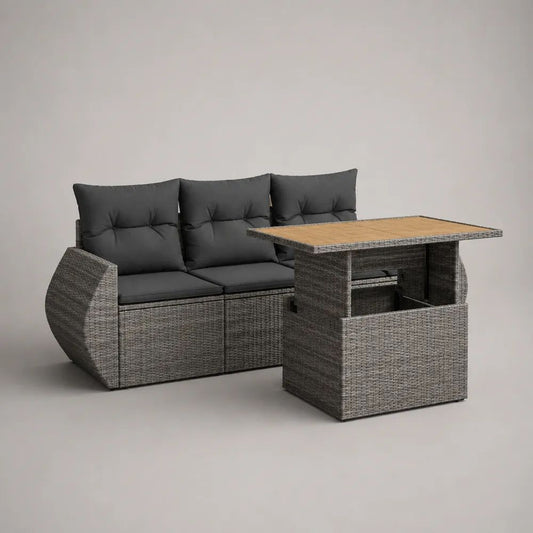Salon de jardin extérieur 4 pièces en résine tressée gris, canapé 3 places 184 × 72 × 83 cm, table relevable 120 × 70 × 48–68 cm et 2 tabourets 44 × 44 × 36 cm