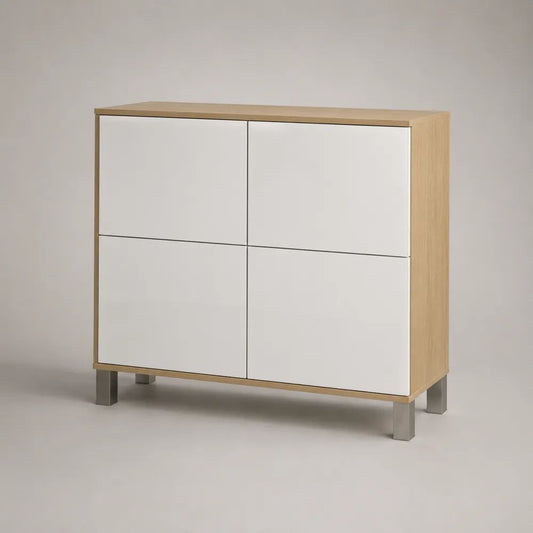 Buffet rectangulaire 4 portes en panneaux mélaminés et MDF, chêne clair et blanc, 100 × 40 × 100 cm