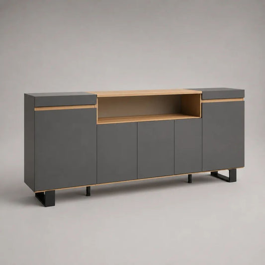 Buffet rectangulaire en MDF et acier gris anthracite et chêne, 5 portes, 2 tiroirs et niche, 180 × 40 × 85 cm