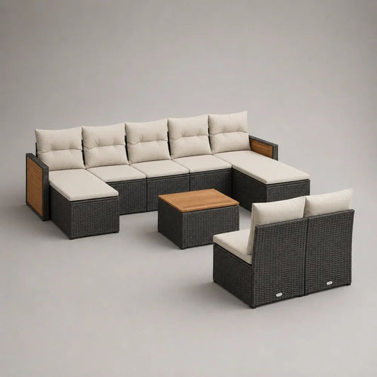 Salon de jardin extérieur 8 pièces 7 places en résine tressée PE, acier et bois, avec coussins beiges et table carrée, anthracite, 320 × 145 × 74 cm