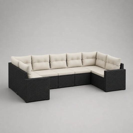 Canapé de jardin modulable 6 places en U en résine tressée PE noir et beige clair, 280 x 205 x 70 cm