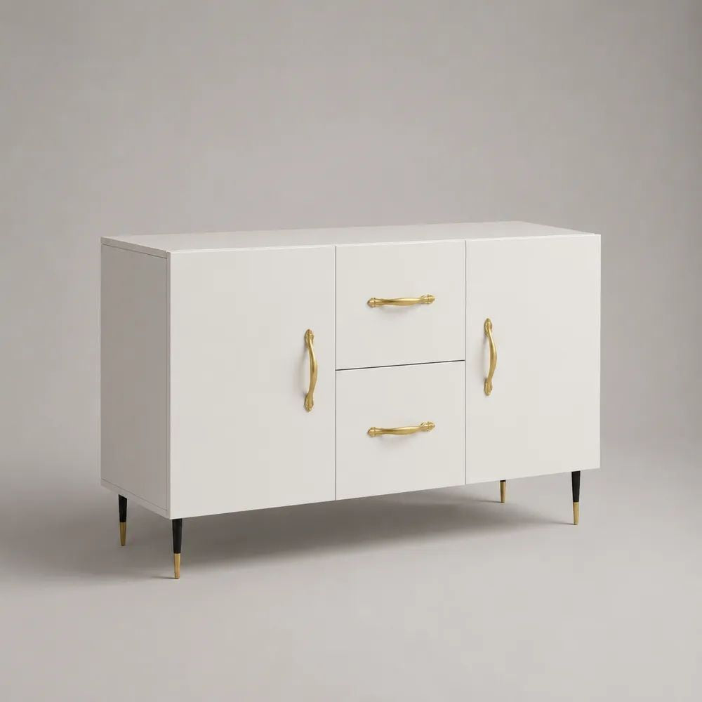 Buffet rectangulaire blanc en bois, 2 portes et 2 tiroirs, poignées dorées, 120 × 40 × 80 cm