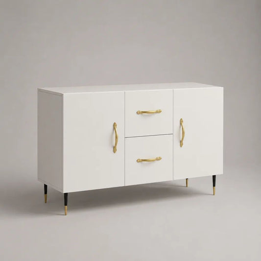 Buffet rectangulaire blanc en bois, 2 portes et 2 tiroirs, poignées dorées, 120 × 40 × 80 cm
