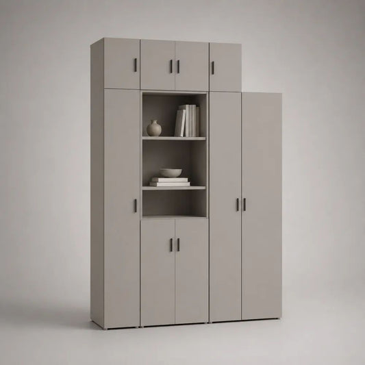 Buffet haut 9 portes en panneaux de particules grège et métal noir avec 3 niches ouvertes, 120 x 40 x 190 cm