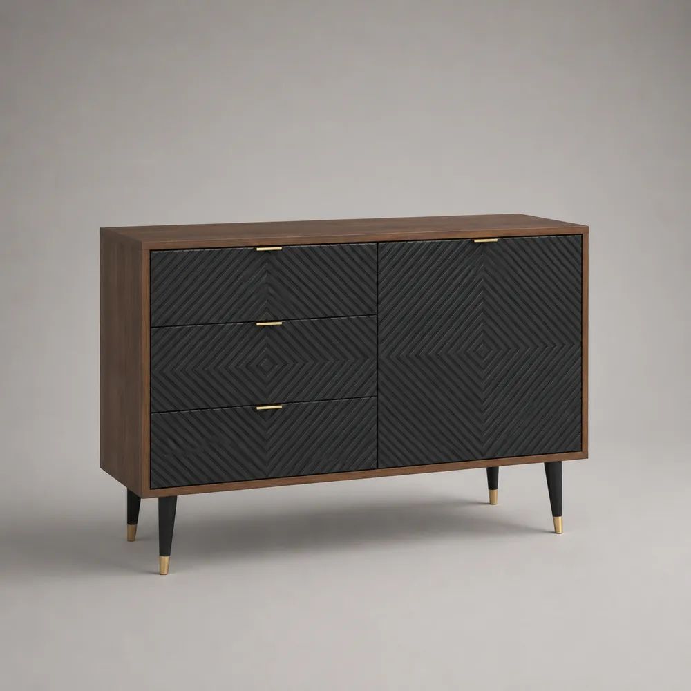 Buffet rectangulaire en bois et métal avec 1 porte et 3 tiroirs, noir, brun noyer et doré, 120 × 40 × 80 cm